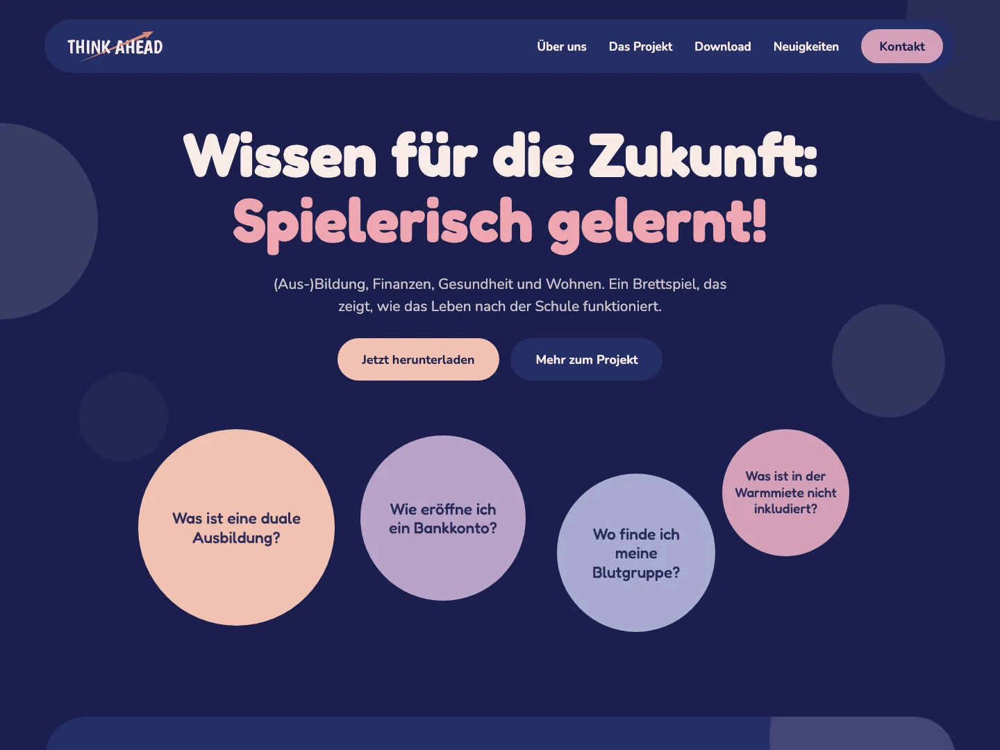 THINK AHEAD! homepage with navy and pink colours, the headline Wissen für die Zukunft: Spielerisch gelernt!, and an introduction to the educational board game.